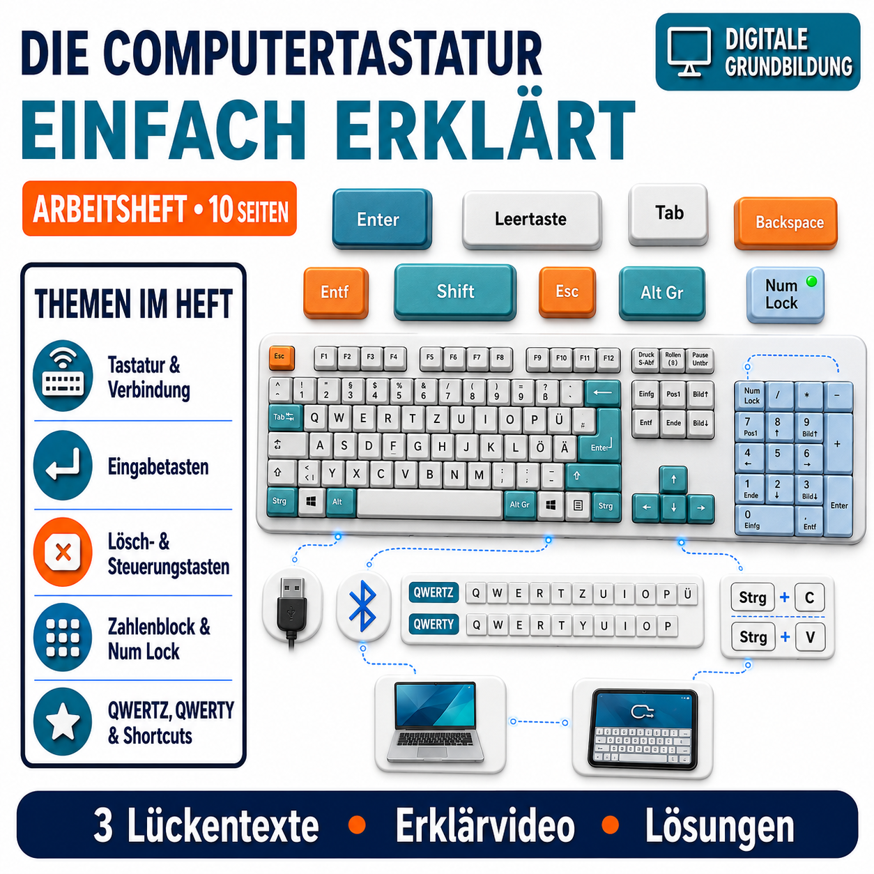 Die Computertastatur, Arbeitsheft mit 10 Seiten inklusive Lösungen