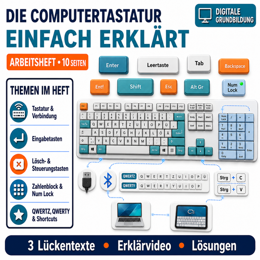 Die Computertastatur, Arbeitsheft mit 10 Seiten inklusive Lösungen