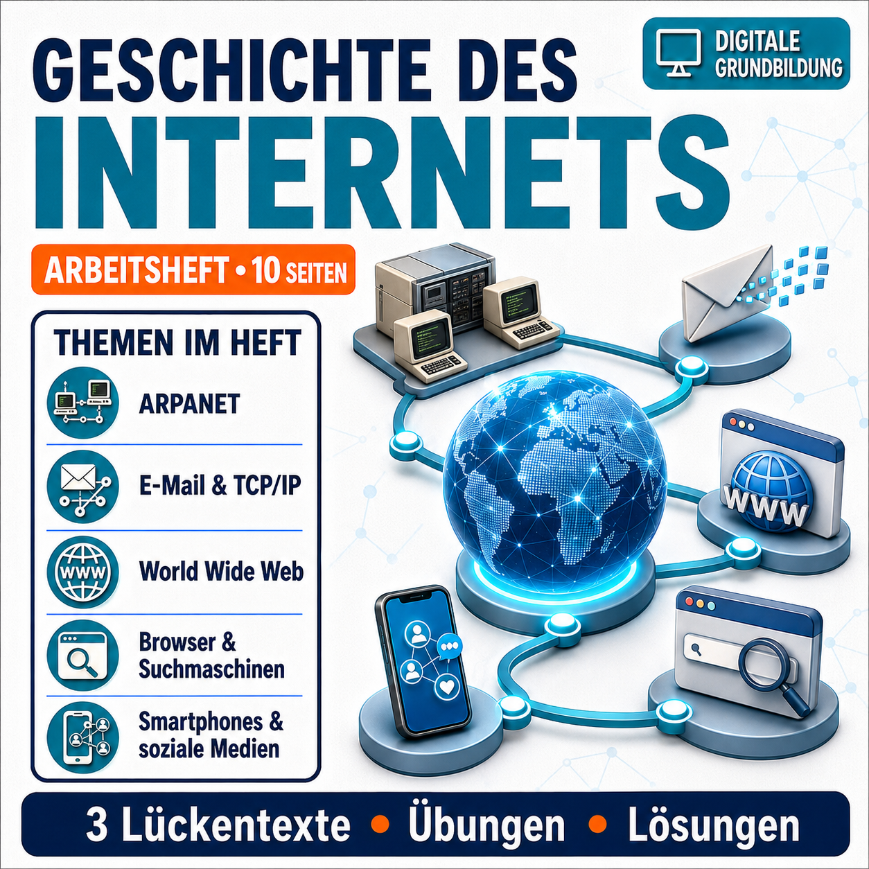 Geschichte des Internets Arbeitsheft, 10 Seiten, mit 3 Lückentexten, Übungen und Lösungen