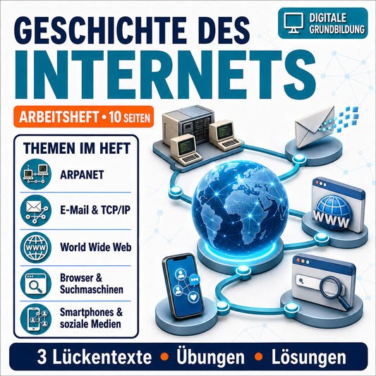Geschichte des Internets Arbeitsheft, 10 Seiten, mit 3 Lückentexten, Übungen und Lösungen