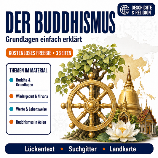 Arbeitsblattpaket „Der Buddhismus“ | Weltreligionen | 3 Seiten | Lückentext, Übungen, Suchgitter, Landkarte