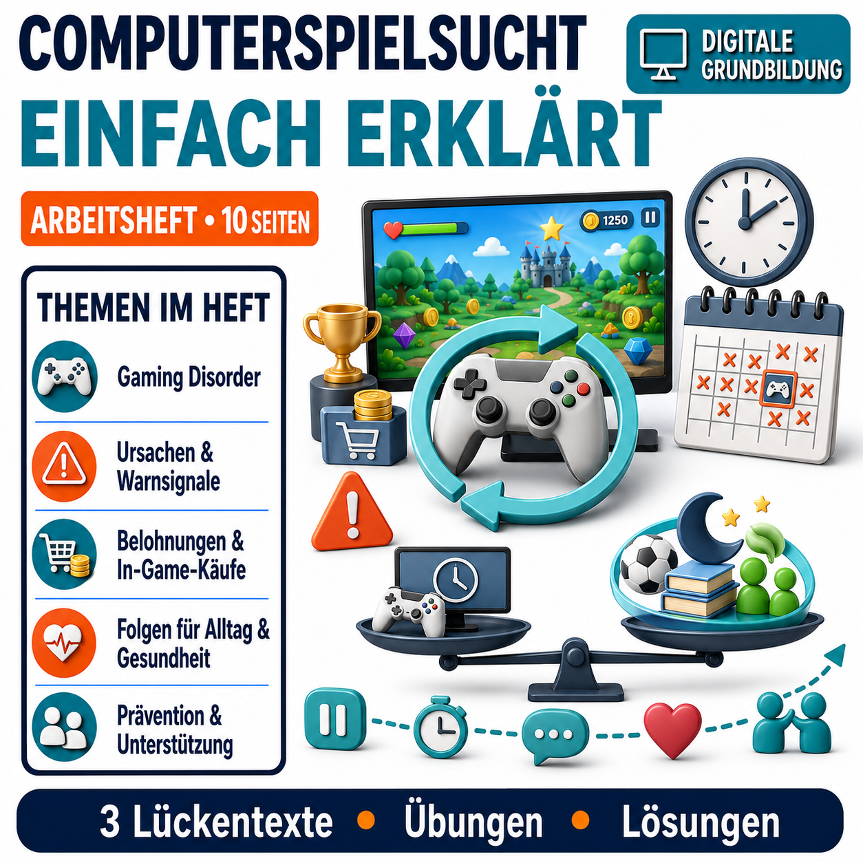 Computerspielsucht Arbeitsheft, 10 Seiten, mit 3 Lückentexten, Übungen und Lösungen