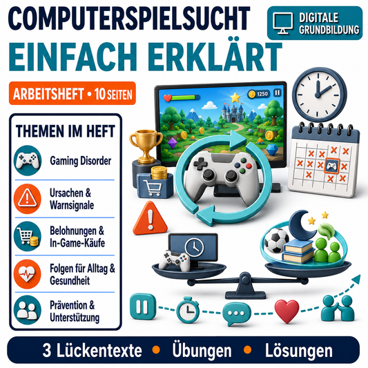 Computerspielsucht Arbeitsheft, 10 Seiten, mit 3 Lückentexten, Übungen und Lösungen