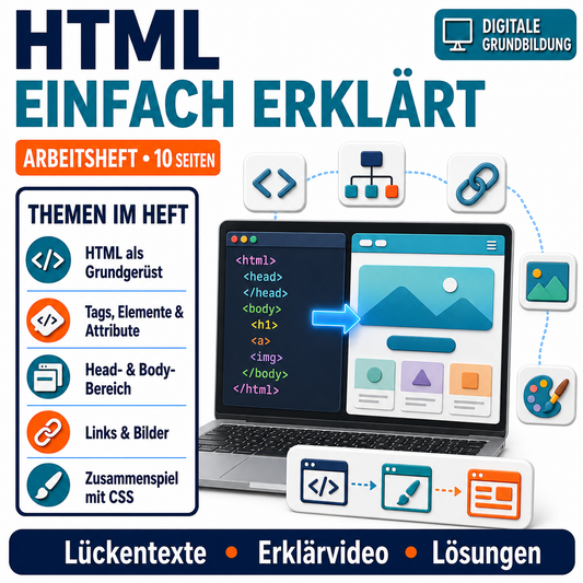 HTML einfach erklärt Arbeitsheft (10 Seiten) | Lückentexte + Übungen | inkl. Lösungen | PDF