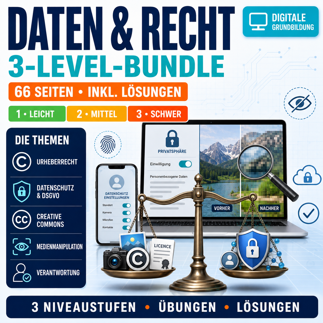 Daten und Recht | Bundle | Version 1 (leicht), Version 2 (mittel), Version 3 (schwer) (66 Seiten inkl. Lösungen)