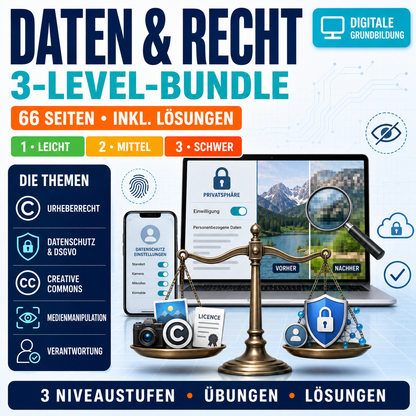 Daten und Recht | Bundle | Version 1 (leicht), Version 2 (mittel), Version 3 (schwer) (66 Seiten inkl. Lösungen)