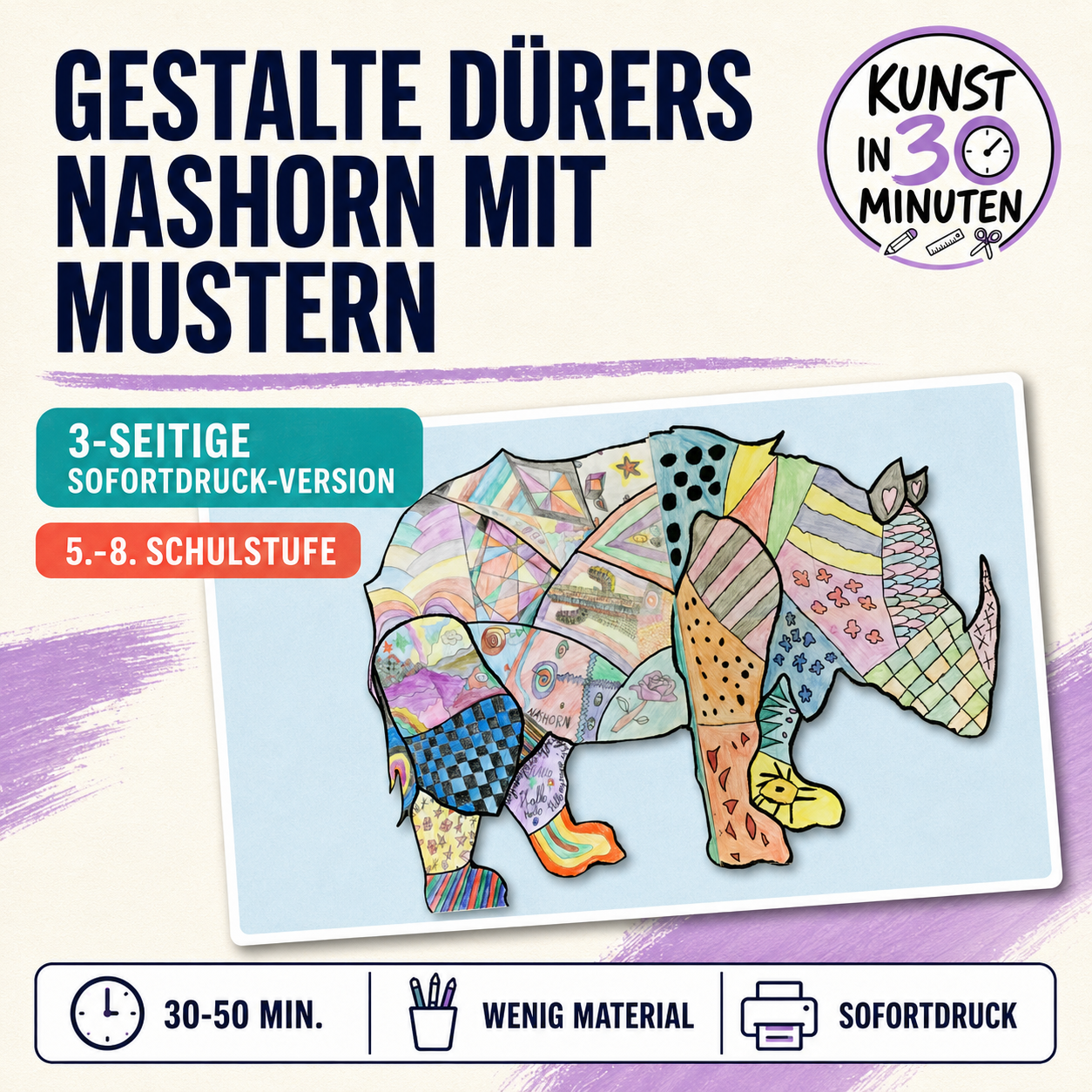 Dürers Nashorn mit Mustern – Kunst in 30 Minuten | 3-seitige Sofortdruck-PDF