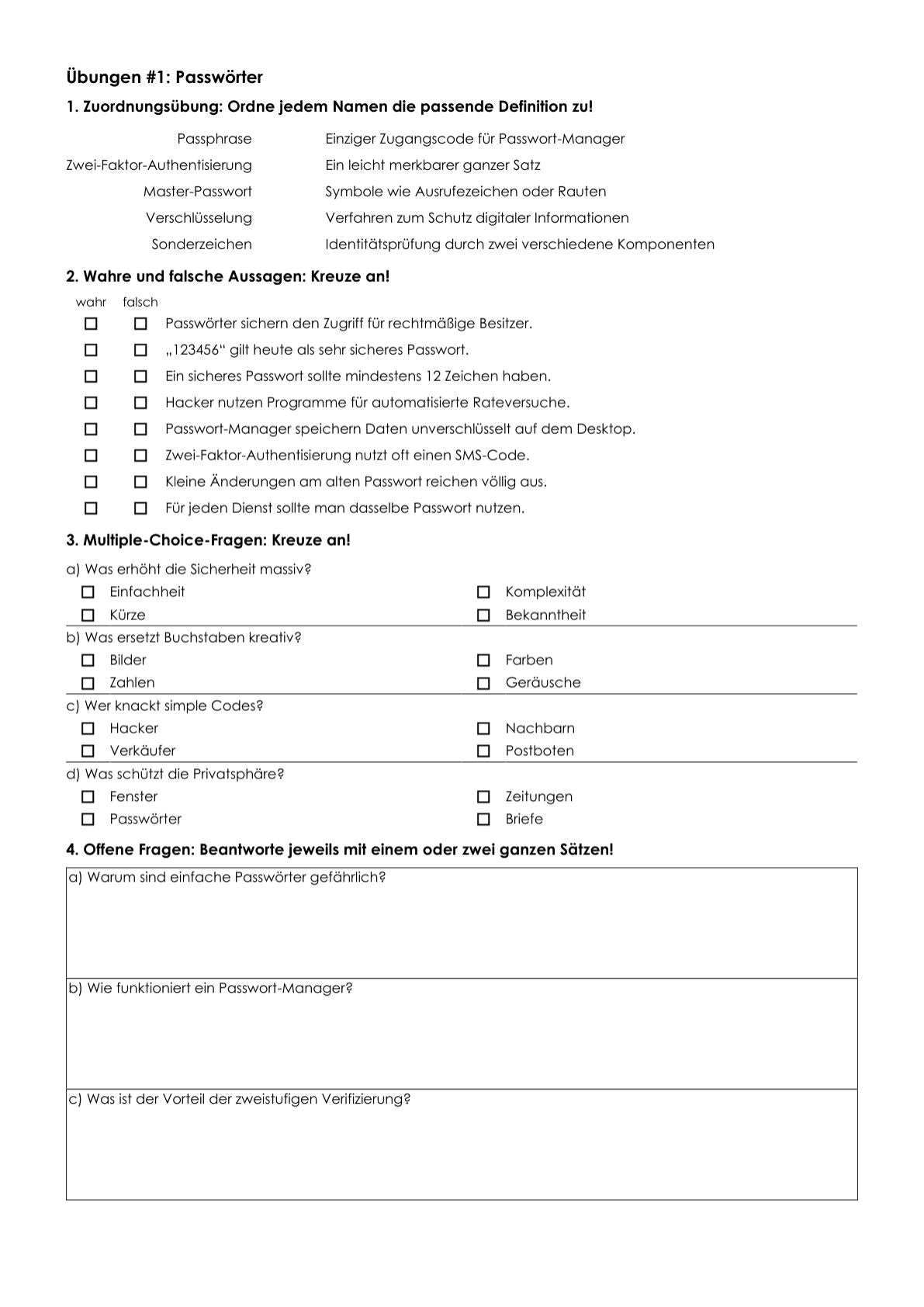 Passwörter Arbeitsheft, 10 Seiten, mit Lösungen und QR-Code zum Erklärvideo