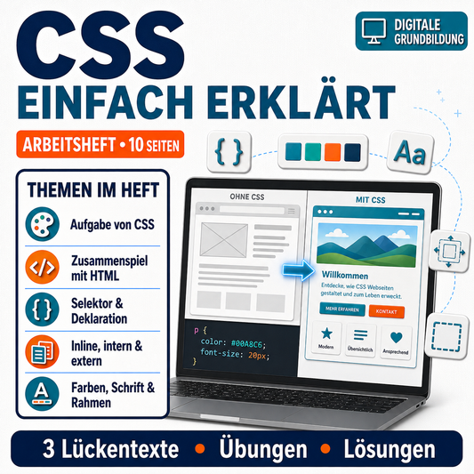 CSS Arbeitsheft, 10 Seiten, mit 3 Lückentexten, Übungen und Lösungen