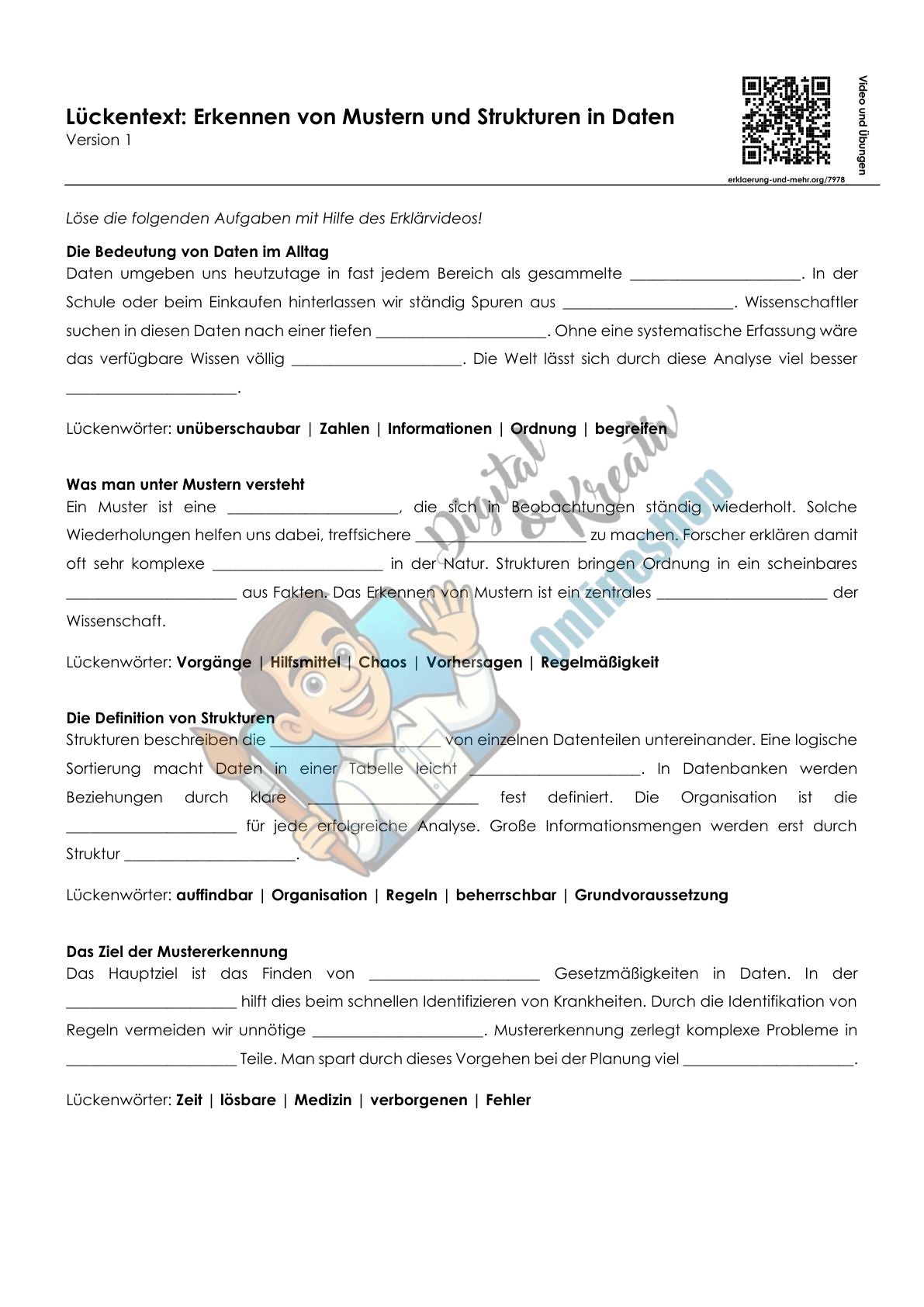 Erkennen von Mustern und Strukturen in Daten – Arbeitsheft mit Lösungen (10 Seiten)