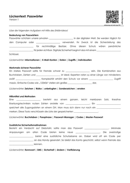 Passwörter Arbeitsheft, 10 Seiten, mit Lösungen und QR-Code zum Erklärvideo