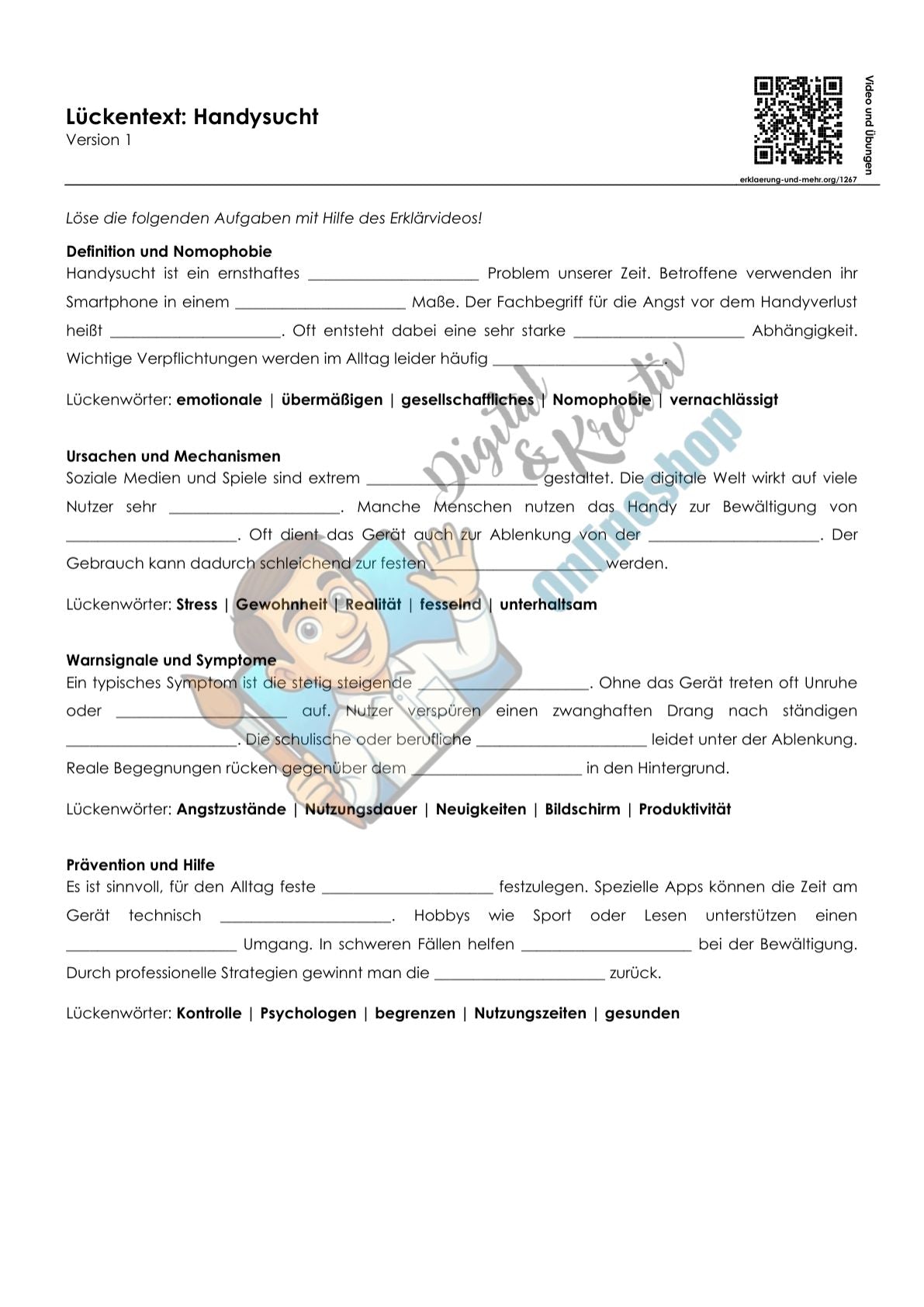 Handysucht Arbeitsheft, 10 Seiten, mit Lösungen und QR-Code zum Erklärvideo