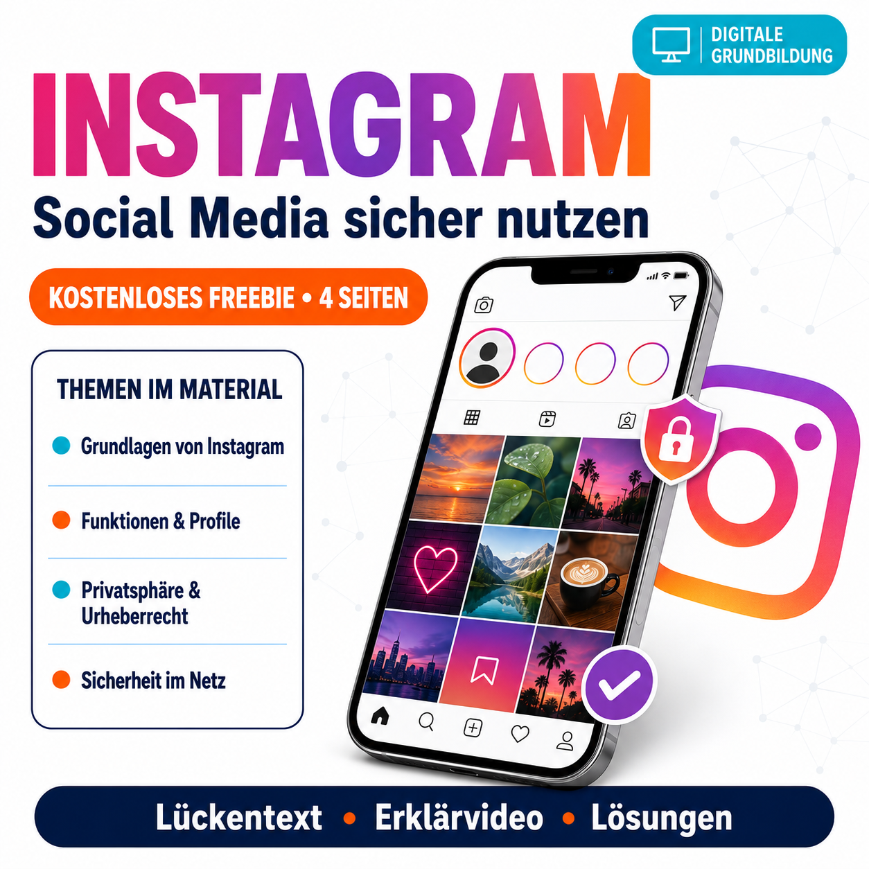 Arbeitsblatt „Instagram“ | Social Media Arbeitsheft | 4 Seiten | Lückentext und Übungen mit Video inkl. Lösung