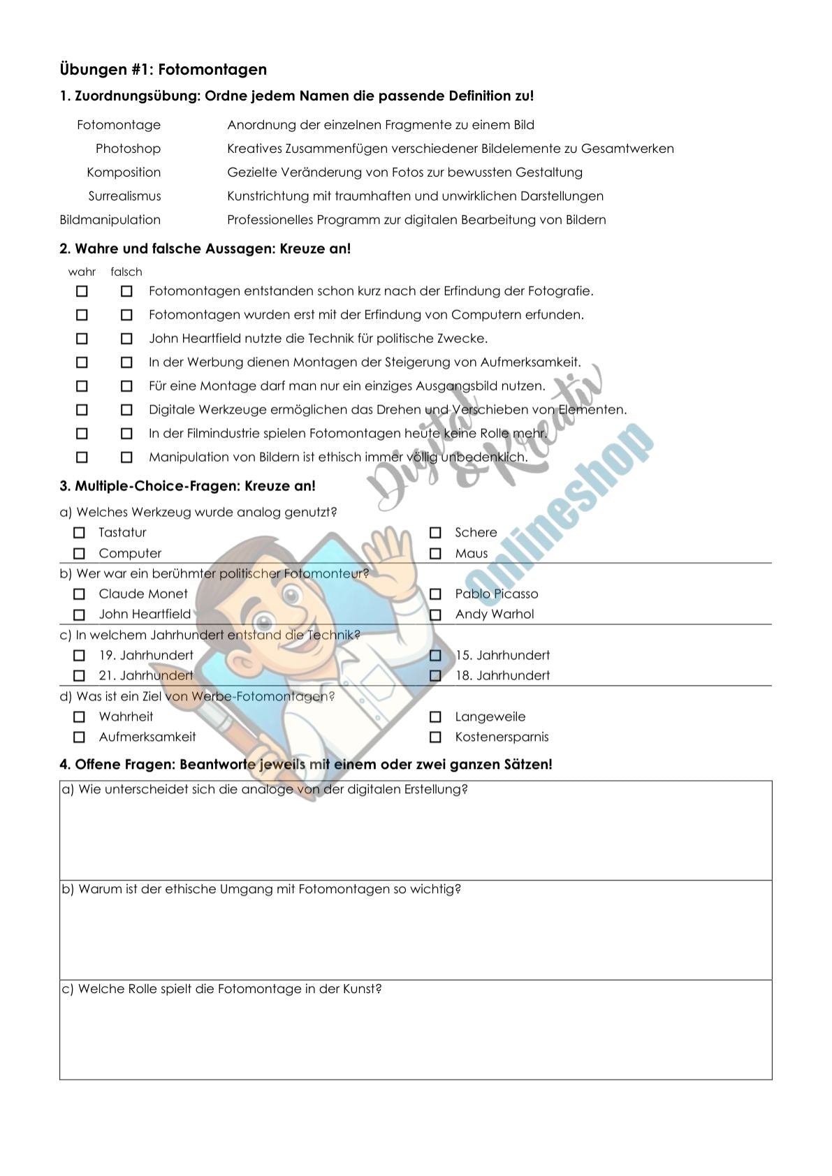 Fotomontagen Arbeitsheft, 10 Seiten, mit Lückentexten, Übungen und Lösungen