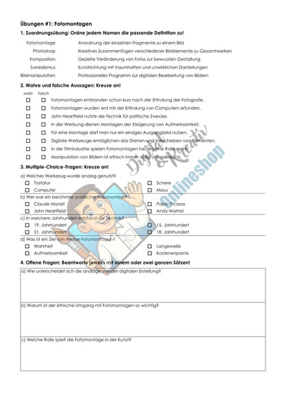 Fotomontagen Arbeitsheft, 10 Seiten, mit Lückentexten, Übungen und Lösungen