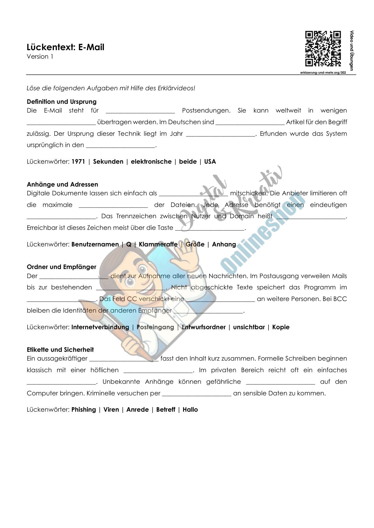 E-Mail Arbeitsheft, 10 Seiten, mit Lückentexten, Übungen und Lösungen
