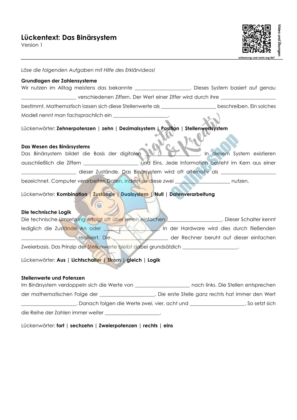 Das Binärsystem Arbeitsheft, 10 Seiten, mit Lückentexten, Übungen und Lösungen