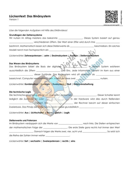 Das Binärsystem Arbeitsheft, 10 Seiten, mit Lückentexten, Übungen und Lösungen