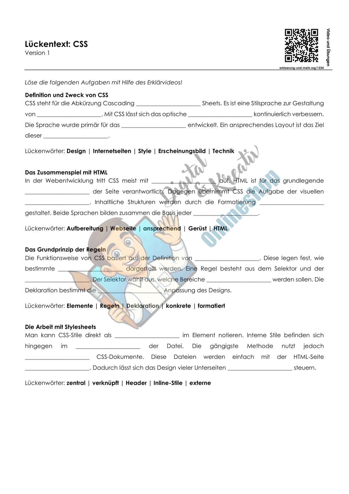 CSS Arbeitsheft, 10 Seiten, mit 3 Lückentexten, Übungen und Lösungen