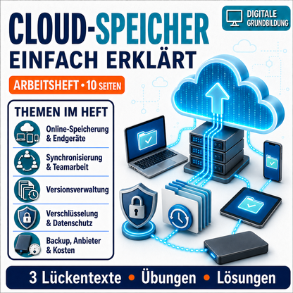 Cloud-Speicher einfach erklärt – Arbeitsheft mit Erklärvideo, Übungen und Lösungen | 10 Seiten PDF
