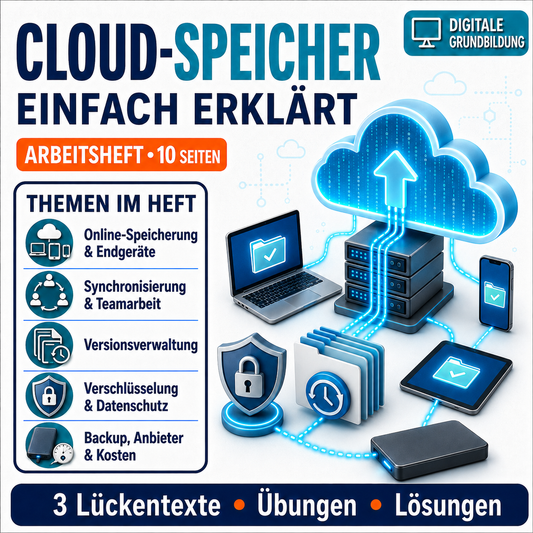 Cloud-Speicher einfach erklärt – Arbeitsheft mit Erklärvideo, Übungen und Lösungen | 10 Seiten PDF
