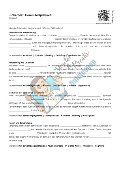 Computerspielsucht Arbeitsheft, 10 Seiten, mit 3 Lückentexten, Übungen und Lösungen