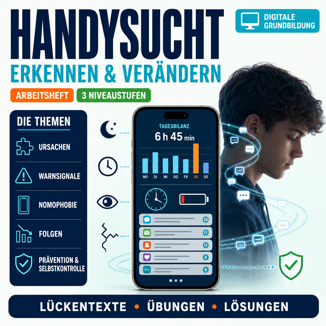 Handysucht Arbeitsheft, 10 Seiten, mit Lösungen und QR-Code zum Erklärvideo