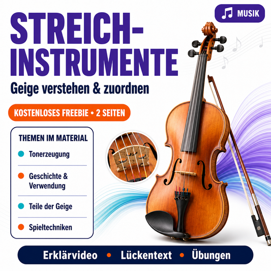 Streichinstrumente & Geige – kostenloses Arbeitsblattpaket | 2 Seiten mit Video und Übungen