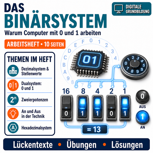Das Binärsystem Arbeitsheft, 10 Seiten, mit Lückentexten, Übungen und Lösungen