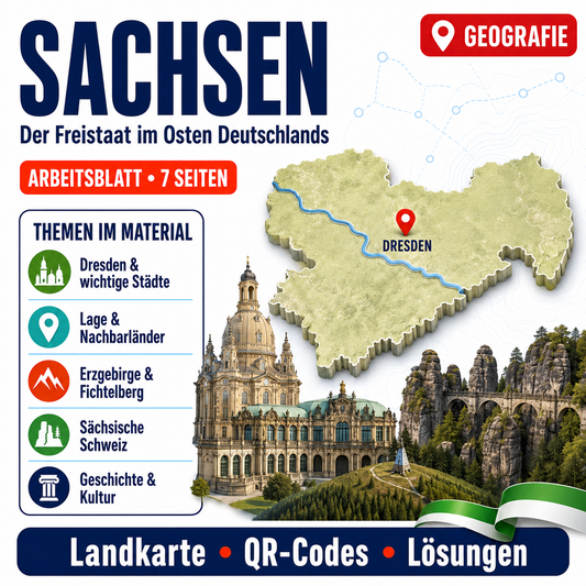 Sachsen Arbeitsblatt (PDF) mit Infotext, Übungen, Landkarte, Lösungen und QR-Codes | 7 Seiten