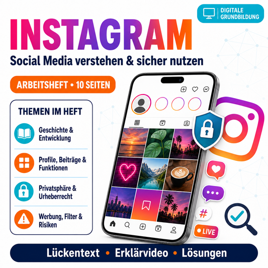 Instagram Arbeitsheft, 10 Seiten, mit Lösungen und QR-Code zum Erklärvideo