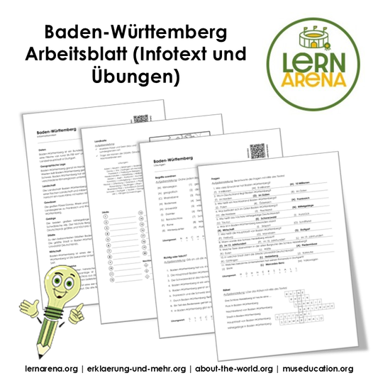 Baden-Württemberg Arbeitsblatt (PDF) mit Infotext, Übungen, Landkarte und Lösungen | 7 Seiten