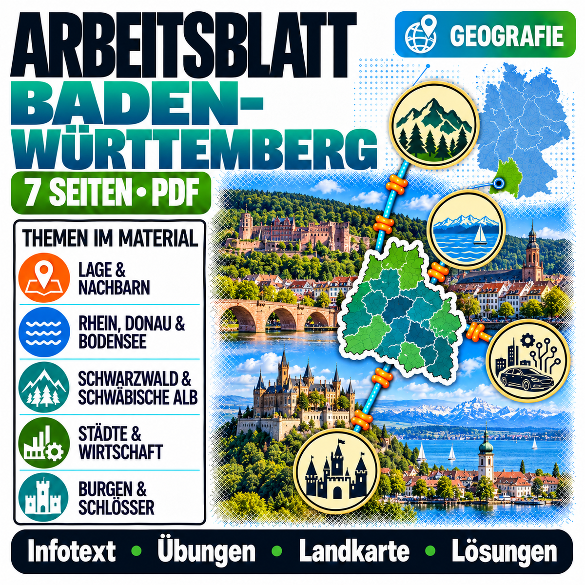 Baden-Württemberg Arbeitsblatt (PDF) mit Infotext, Übungen, Landkarte und Lösungen | 7 Seiten