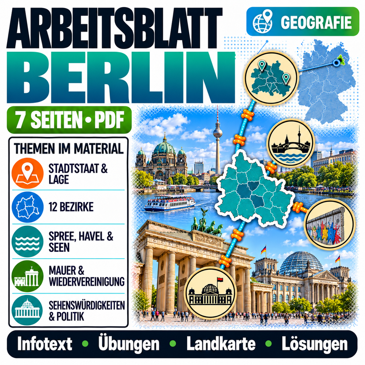 Berlin Arbeitsblatt (PDF) mit Infotext, Übungen, Landkarte und Lösungen | 7 Seiten