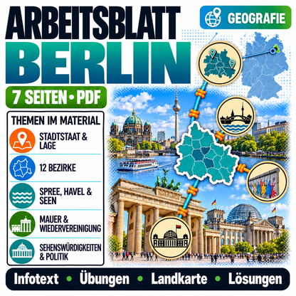 Berlin Arbeitsblatt (PDF) mit Infotext, Übungen, Landkarte und Lösungen | 7 Seiten