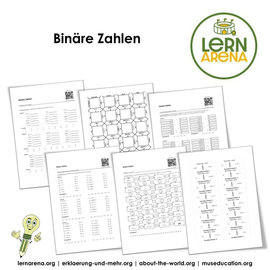 Binäre Zahlen Arbeitsblatt Paket (PDF) mit 3 Levels, Spielen, QR Codes und Lösungen | 32 Seiten