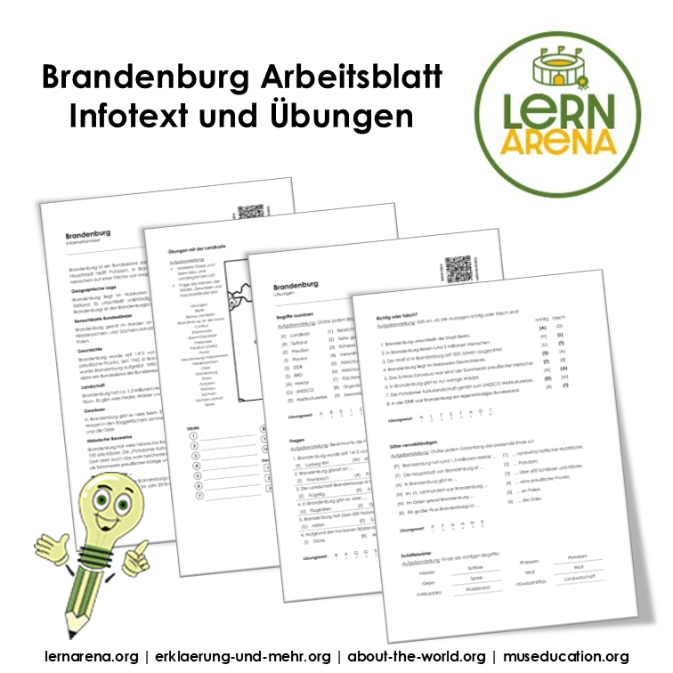 Brandenburg Arbeitsblatt (PDF) mit Infotext, Übungen, Landkarte und Lösungen | 7 Seiten