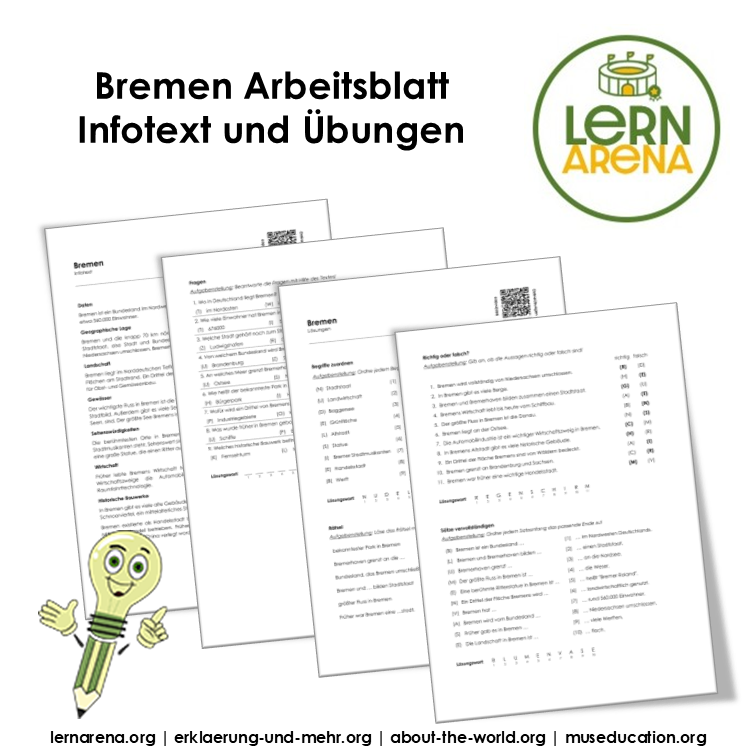 Bremen Arbeitsblatt (PDF) mit Infotext, Übungen (Rätsel/MC), Lösungen und QR-Codes | 7 Seiten