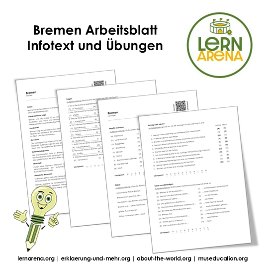 Bremen Arbeitsblatt (PDF) mit Infotext, Übungen (Rätsel/MC), Lösungen und QR-Codes | 7 Seiten