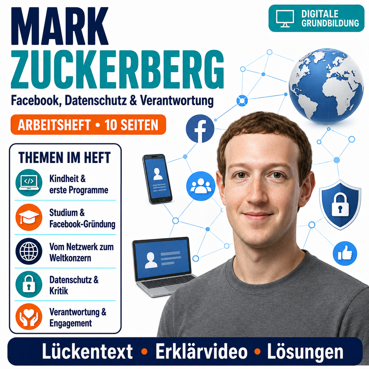 Mark Zuckerberg Arbeitsheft mit Lösungen | Digitale Grundbildung & Medienbildung | 10 Seiten PDF