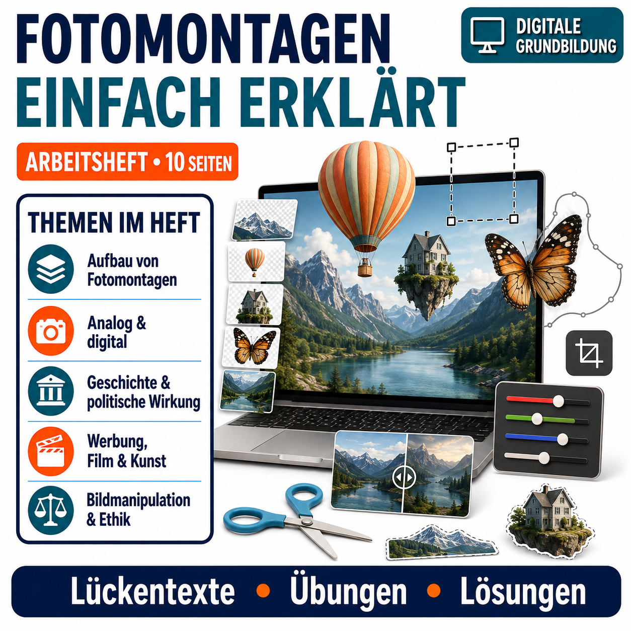 Fotomontagen Arbeitsheft, 10 Seiten, mit Lückentexten, Übungen und Lösungen