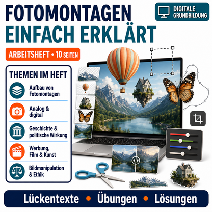 Fotomontagen Arbeitsheft, 10 Seiten, mit Lückentexten, Übungen und Lösungen