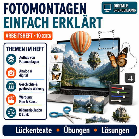 Fotomontagen Arbeitsheft, 10 Seiten, mit Lückentexten, Übungen und Lösungen