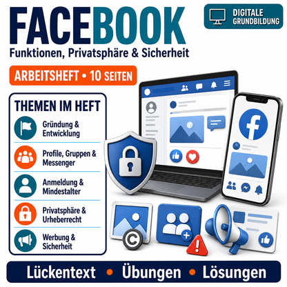Facebook Arbeitsheft, 10 Seiten, mit Lückentexten, Übungen und Lösungen
