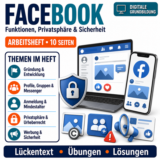 Facebook Arbeitsheft, 10 Seiten, mit Lückentexten, Übungen und Lösungen