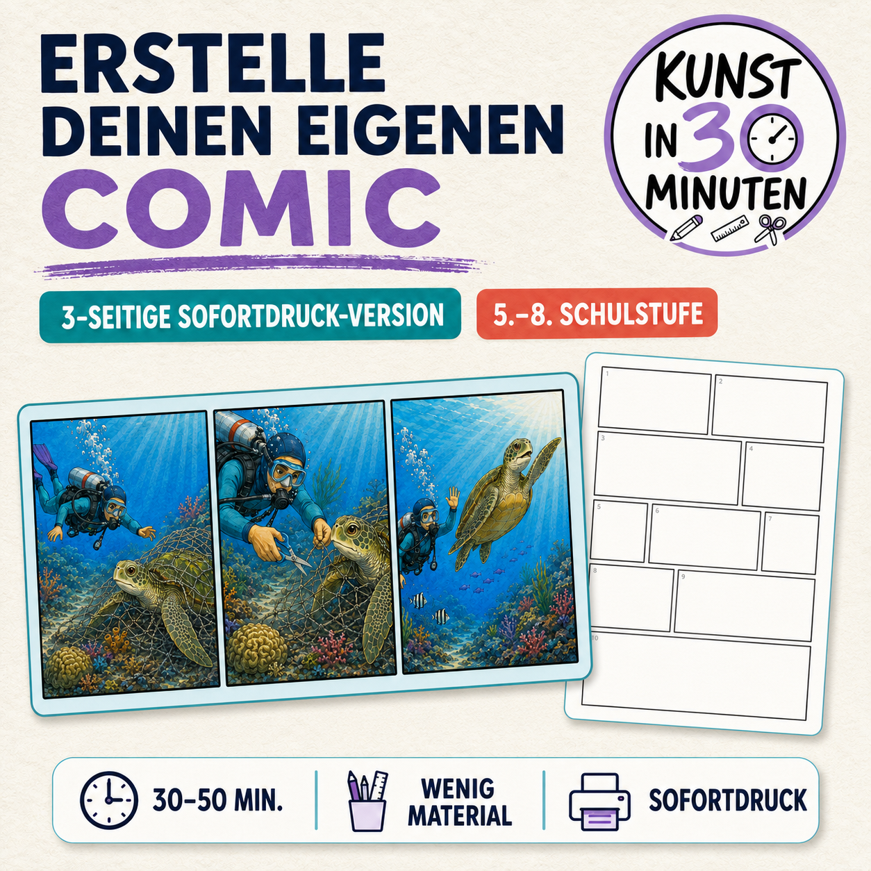 Kunst in 30 Minuten – Erstelle deinen eigenen Comic | 3-seitige Sofortdruck-Version