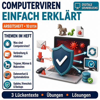 Computerviren Arbeitsheft, 10 Seiten, mit 3 Lückentexten, Übungen und Lösungen