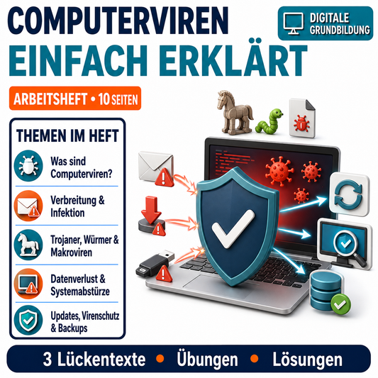 Computerviren Arbeitsheft, 10 Seiten, mit 3 Lückentexten, Übungen und Lösungen