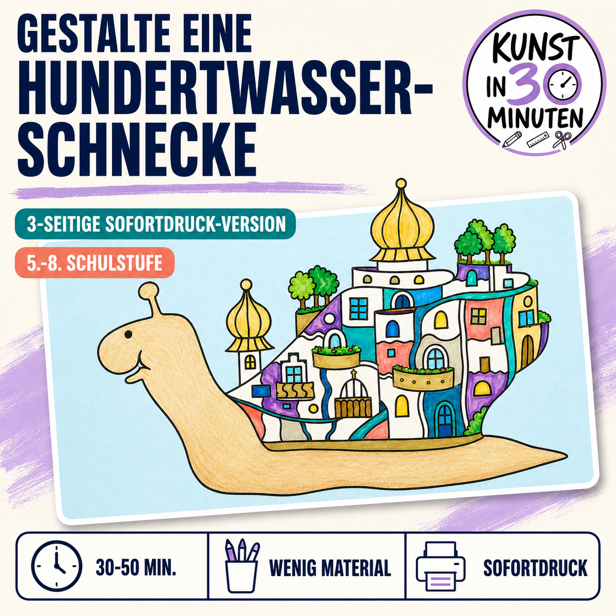 Hundertwasser-Schnecke – Kunst in 30 Minuten | Kreative Sofortdruck-Vorlage für Klasse 5–8