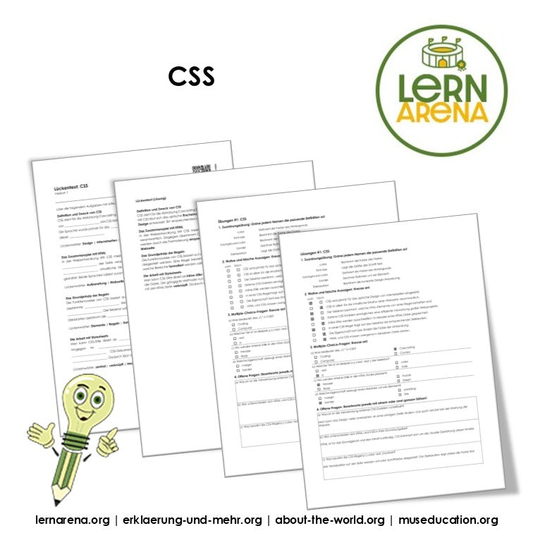 CSS Arbeitsheft, 10 Seiten, mit 3 Lückentexten, Übungen und Lösungen